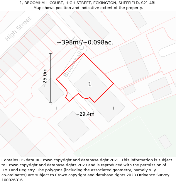 1, BROOMHALL COURT, HIGH STREET, ECKINGTON, SHEFFIELD, S21 4BL: Plot and title map