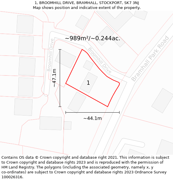 1, BROOMHILL DRIVE, BRAMHALL, STOCKPORT, SK7 3NJ: Plot and title map