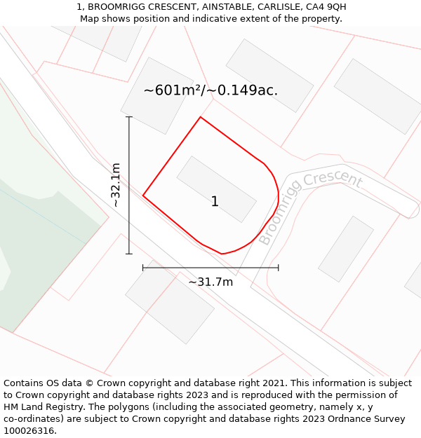 1, BROOMRIGG CRESCENT, AINSTABLE, CARLISLE, CA4 9QH: Plot and title map