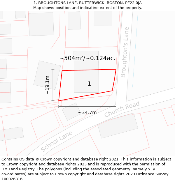 1, BROUGHTONS LANE, BUTTERWICK, BOSTON, PE22 0JA: Plot and title map