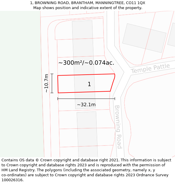 1, BROWNING ROAD, BRANTHAM, MANNINGTREE, CO11 1QX: Plot and title map