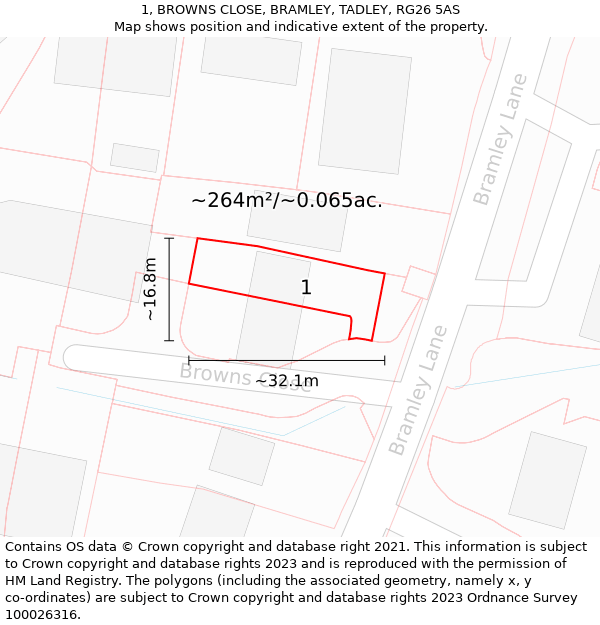 1, BROWNS CLOSE, BRAMLEY, TADLEY, RG26 5AS: Plot and title map