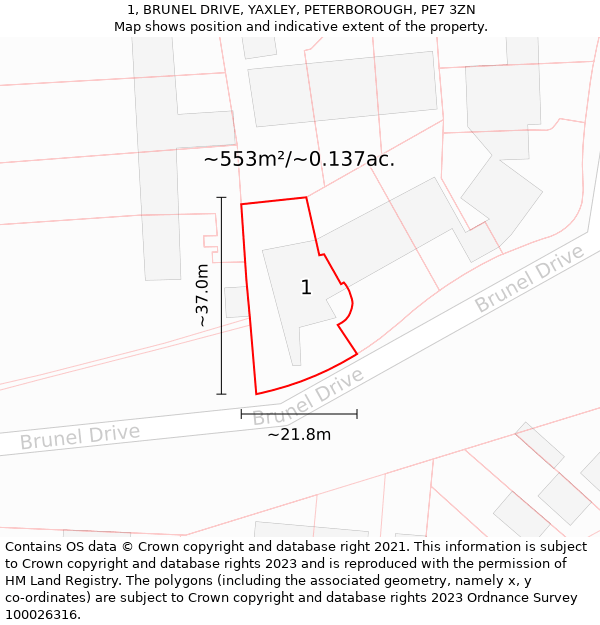 1, BRUNEL DRIVE, YAXLEY, PETERBOROUGH, PE7 3ZN: Plot and title map