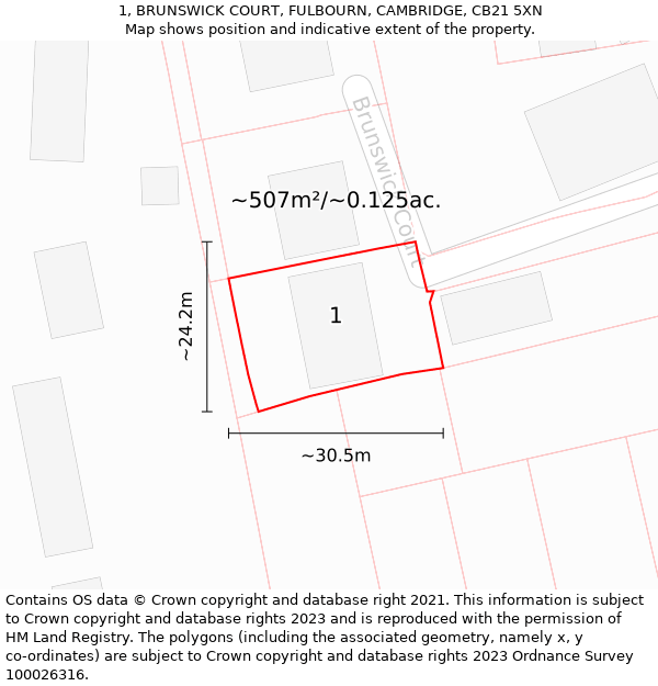 1, BRUNSWICK COURT, FULBOURN, CAMBRIDGE, CB21 5XN: Plot and title map