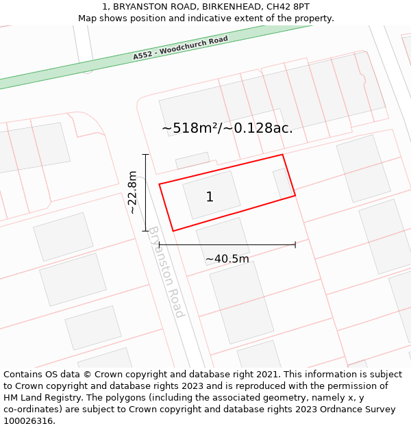 1, BRYANSTON ROAD, BIRKENHEAD, CH42 8PT: Plot and title map