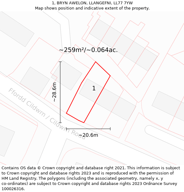 1, BRYN AWELON, LLANGEFNI, LL77 7YW: Plot and title map