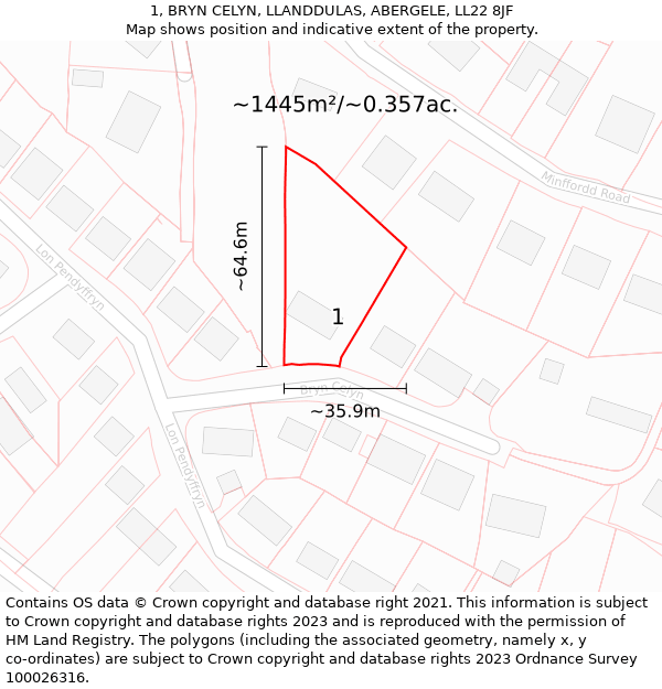 1, BRYN CELYN, LLANDDULAS, ABERGELE, LL22 8JF: Plot and title map