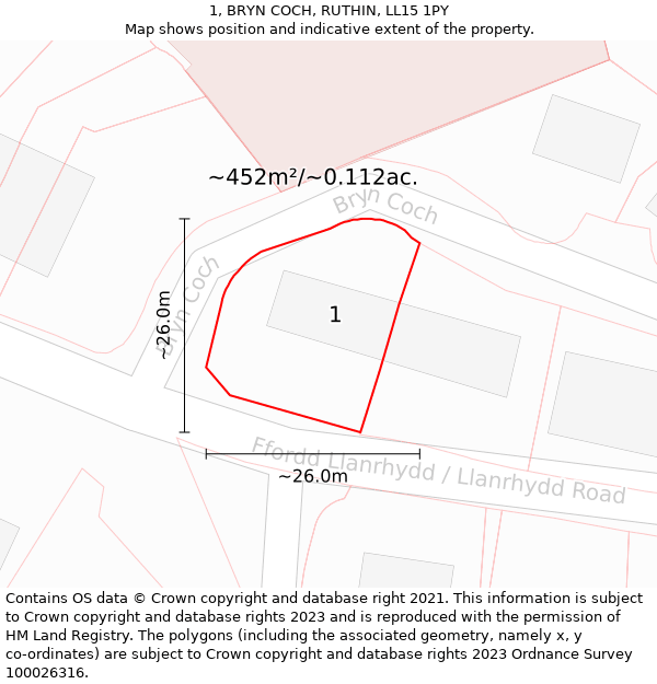 1, BRYN COCH, RUTHIN, LL15 1PY: Plot and title map