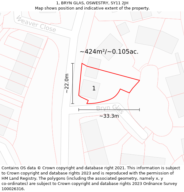 1, BRYN GLAS, OSWESTRY, SY11 2JH: Plot and title map