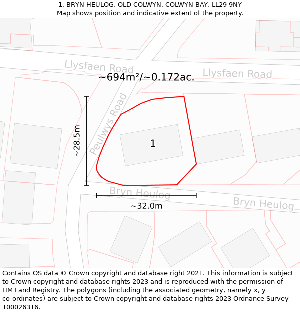 1, BRYN HEULOG, OLD COLWYN, COLWYN BAY, LL29 9NY: Plot and title map