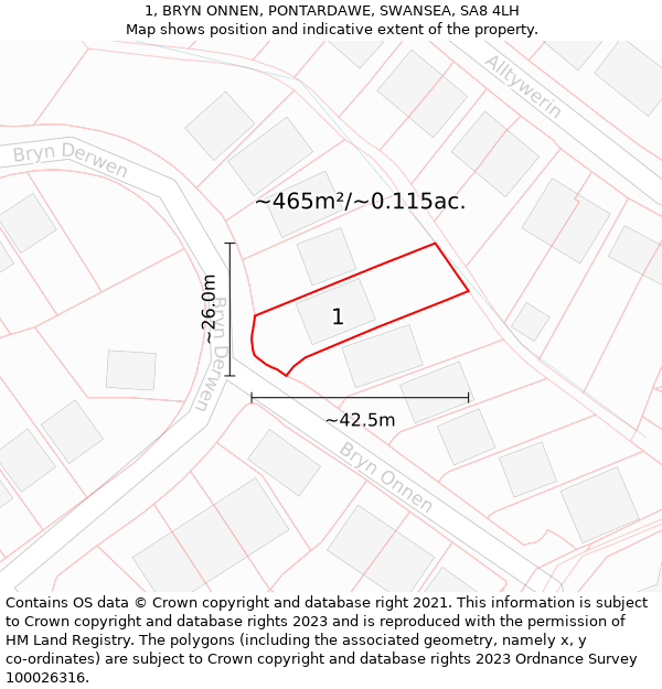 1, BRYN ONNEN, PONTARDAWE, SWANSEA, SA8 4LH: Plot and title map