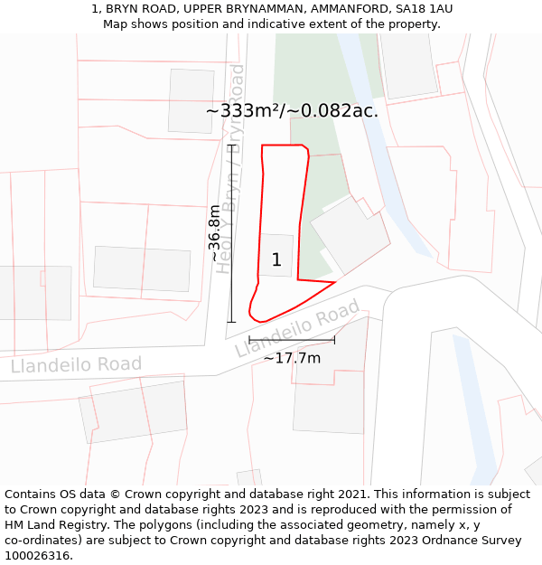 1, BRYN ROAD, UPPER BRYNAMMAN, AMMANFORD, SA18 1AU: Plot and title map