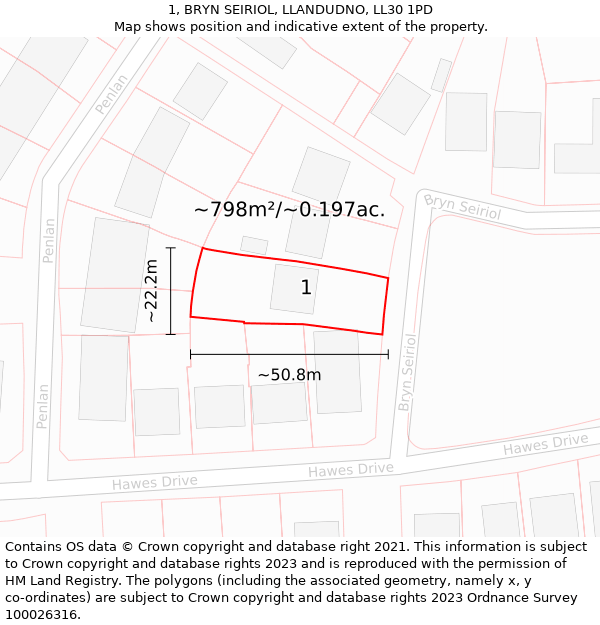 1, BRYN SEIRIOL, LLANDUDNO, LL30 1PD: Plot and title map