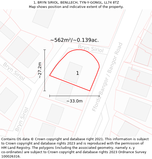 1, BRYN SIRIOL, BENLLECH, TYN-Y-GONGL, LL74 8TZ: Plot and title map