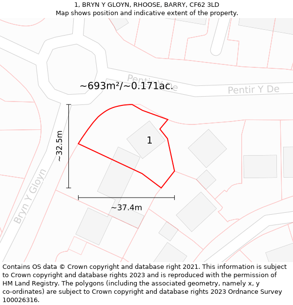 1, BRYN Y GLOYN, RHOOSE, BARRY, CF62 3LD: Plot and title map