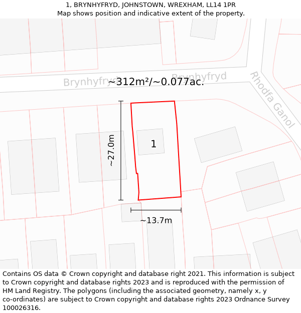 1, BRYNHYFRYD, JOHNSTOWN, WREXHAM, LL14 1PR: Plot and title map