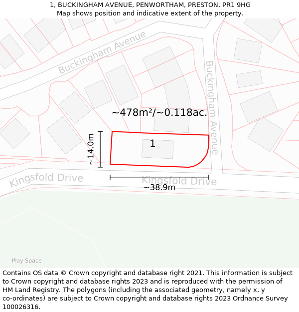 1, BUCKINGHAM AVENUE, PENWORTHAM, PRESTON, PR1 9HG: Plot and title map