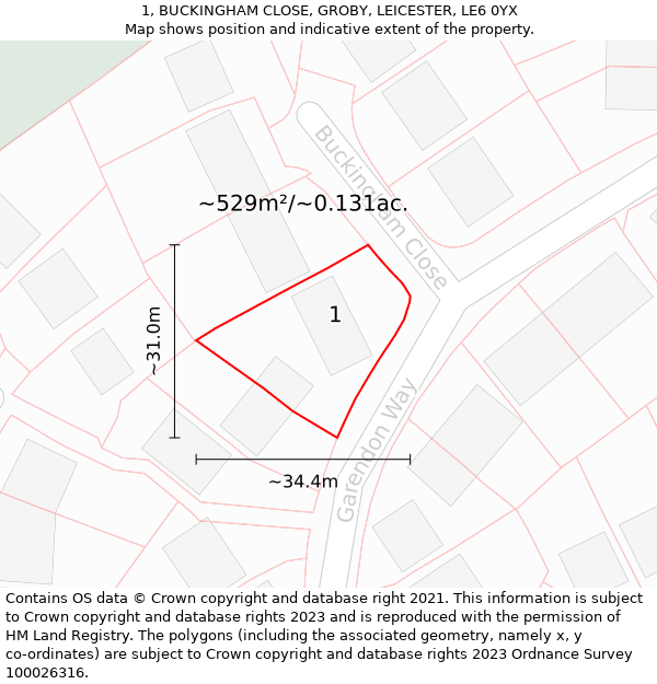 1, BUCKINGHAM CLOSE, GROBY, LEICESTER, LE6 0YX: Plot and title map