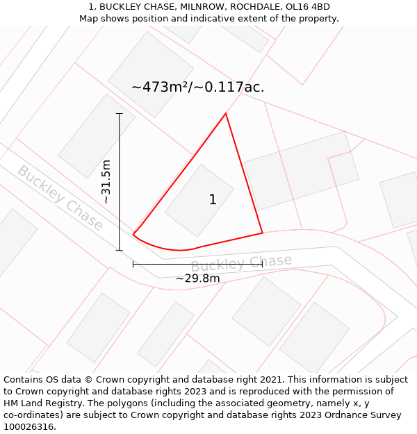 1, BUCKLEY CHASE, MILNROW, ROCHDALE, OL16 4BD: Plot and title map