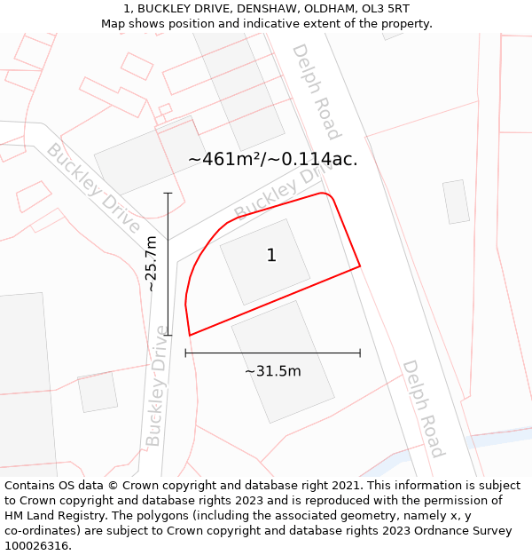 1, BUCKLEY DRIVE, DENSHAW, OLDHAM, OL3 5RT: Plot and title map