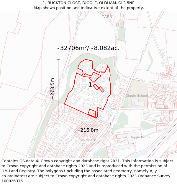 1, BUCKTON CLOSE, DIGGLE, OLDHAM, OL3 5NE: Plot and title map