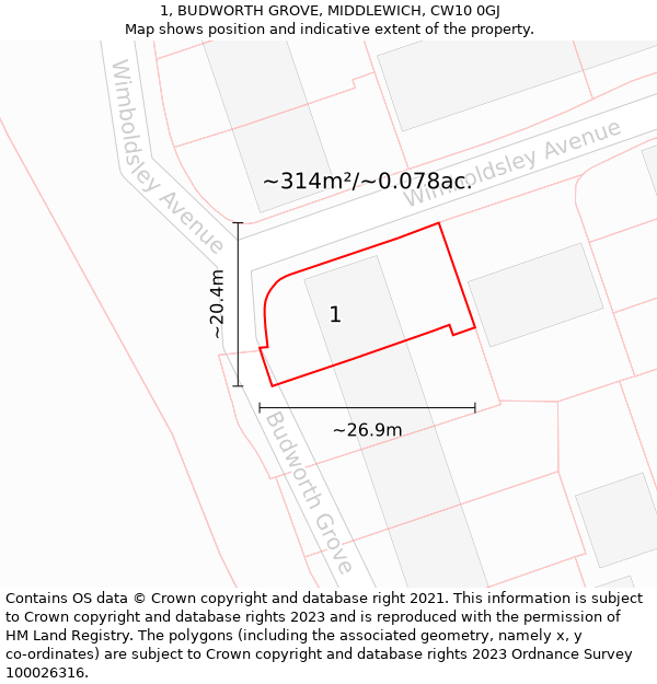 1, BUDWORTH GROVE, MIDDLEWICH, CW10 0GJ: Plot and title map