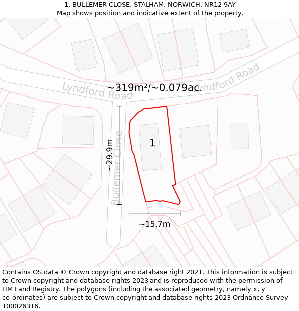 1, BULLEMER CLOSE, STALHAM, NORWICH, NR12 9AY: Plot and title map