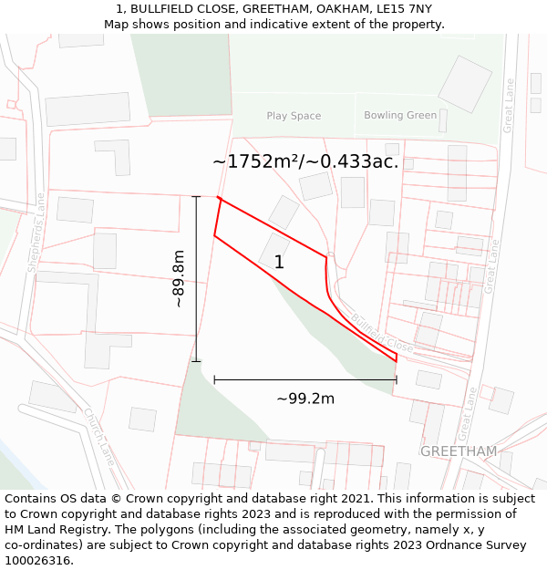 1, BULLFIELD CLOSE, GREETHAM, OAKHAM, LE15 7NY: Plot and title map