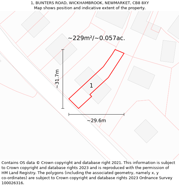 1, BUNTERS ROAD, WICKHAMBROOK, NEWMARKET, CB8 8XY: Plot and title map