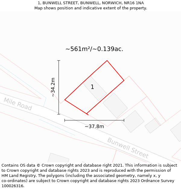 1, BUNWELL STREET, BUNWELL, NORWICH, NR16 1NA: Plot and title map