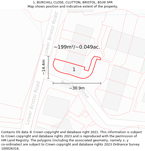 1, BURCHILL CLOSE, CLUTTON, BRISTOL, BS39 5PR: Plot and title map