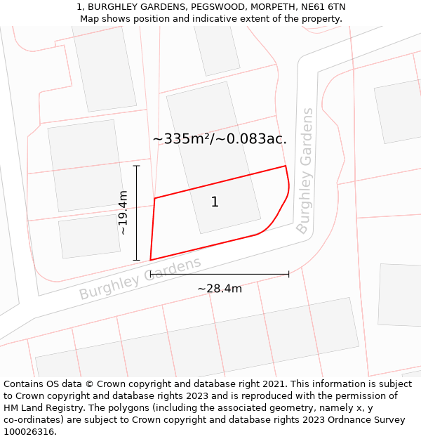 1, BURGHLEY GARDENS, PEGSWOOD, MORPETH, NE61 6TN: Plot and title map