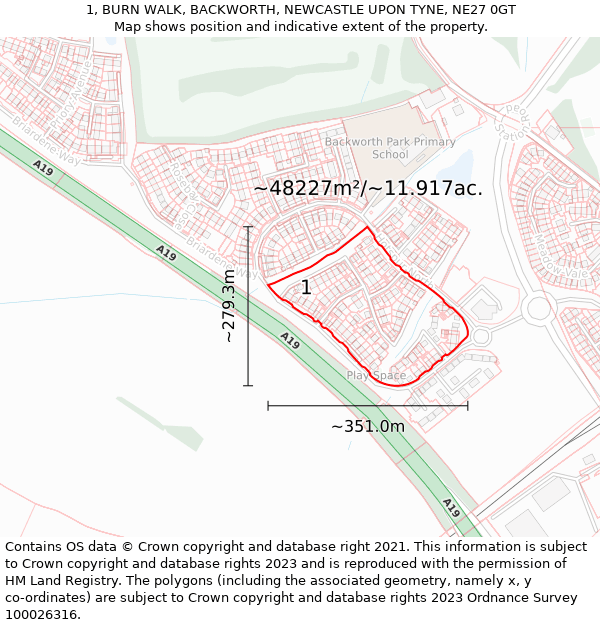 1, BURN WALK, BACKWORTH, NEWCASTLE UPON TYNE, NE27 0GT: Plot and title map