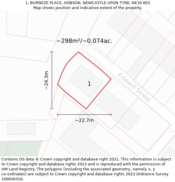 1, BURNEZE PLACE, HOBSON, NEWCASTLE UPON TYNE, NE16 6ES: Plot and title map