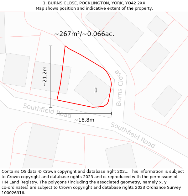 1, BURNS CLOSE, POCKLINGTON, YORK, YO42 2XX: Plot and title map