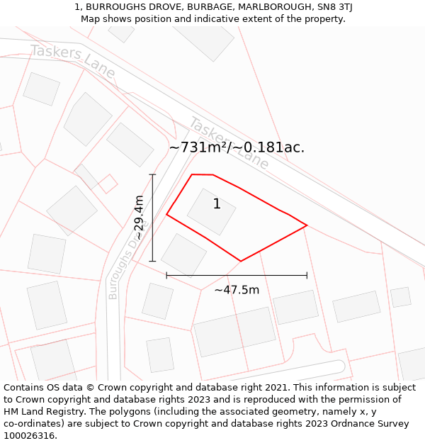 1, BURROUGHS DROVE, BURBAGE, MARLBOROUGH, SN8 3TJ: Plot and title map