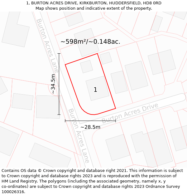 1, BURTON ACRES DRIVE, KIRKBURTON, HUDDERSFIELD, HD8 0RD: Plot and title map