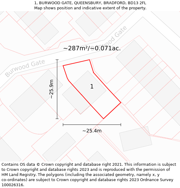 1, BURWOOD GATE, QUEENSBURY, BRADFORD, BD13 2FL: Plot and title map