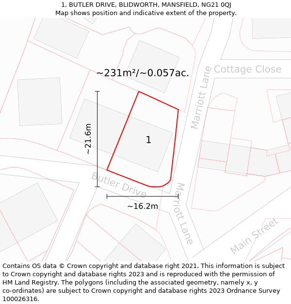 1, BUTLER DRIVE, BLIDWORTH, MANSFIELD, NG21 0QJ: Plot and title map
