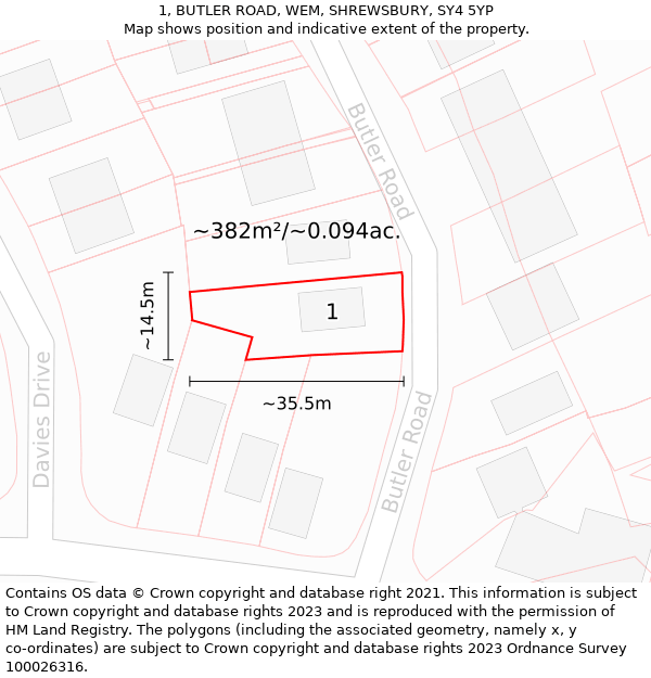 1, BUTLER ROAD, WEM, SHREWSBURY, SY4 5YP: Plot and title map