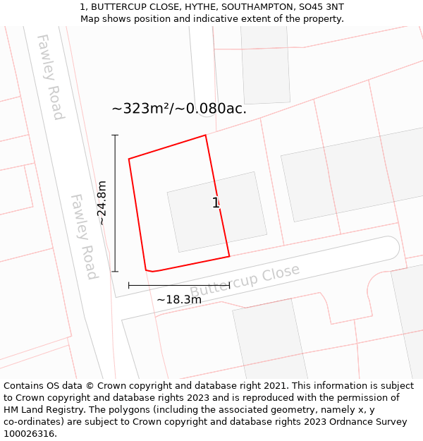 1, BUTTERCUP CLOSE, HYTHE, SOUTHAMPTON, SO45 3NT: Plot and title map