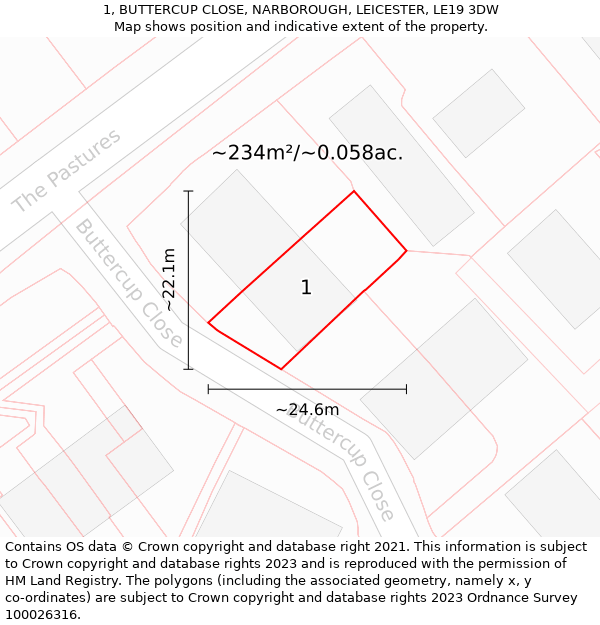 1, BUTTERCUP CLOSE, NARBOROUGH, LEICESTER, LE19 3DW: Plot and title map