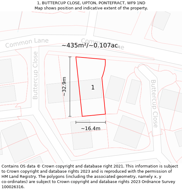 1, BUTTERCUP CLOSE, UPTON, PONTEFRACT, WF9 1ND: Plot and title map