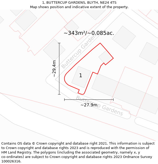 1, BUTTERCUP GARDENS, BLYTH, NE24 4TS: Plot and title map