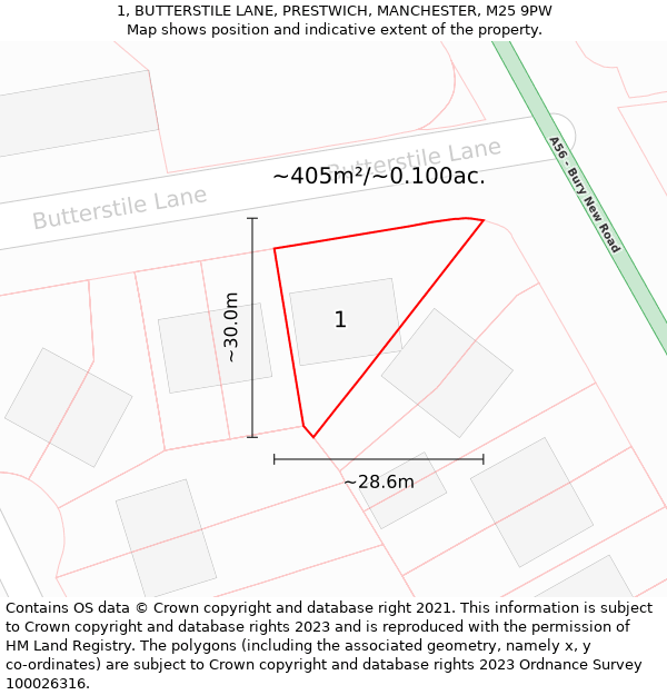 1, BUTTERSTILE LANE, PRESTWICH, MANCHESTER, M25 9PW: Plot and title map