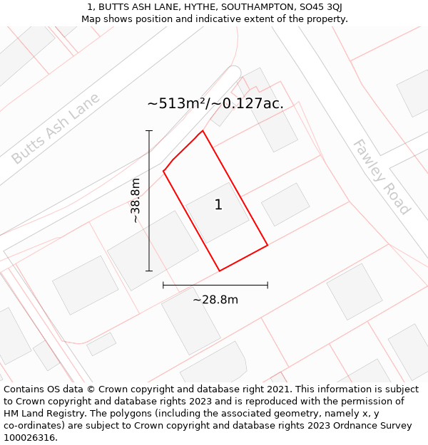 1, BUTTS ASH LANE, HYTHE, SOUTHAMPTON, SO45 3QJ: Plot and title map