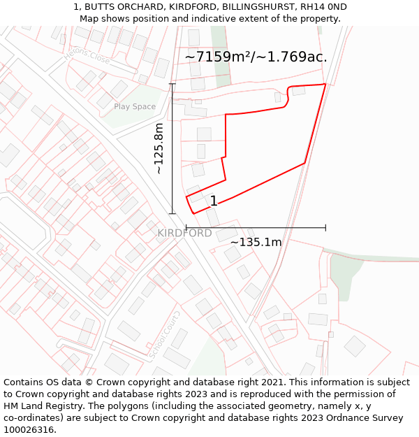 1, BUTTS ORCHARD, KIRDFORD, BILLINGSHURST, RH14 0ND: Plot and title map