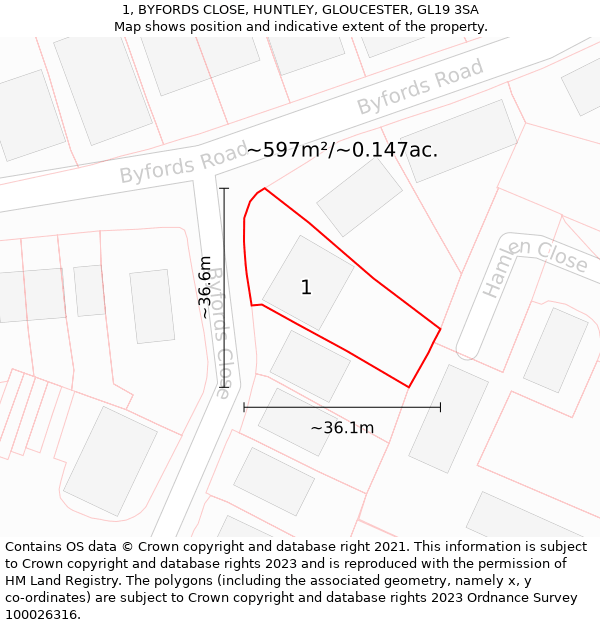 1, BYFORDS CLOSE, HUNTLEY, GLOUCESTER, GL19 3SA: Plot and title map