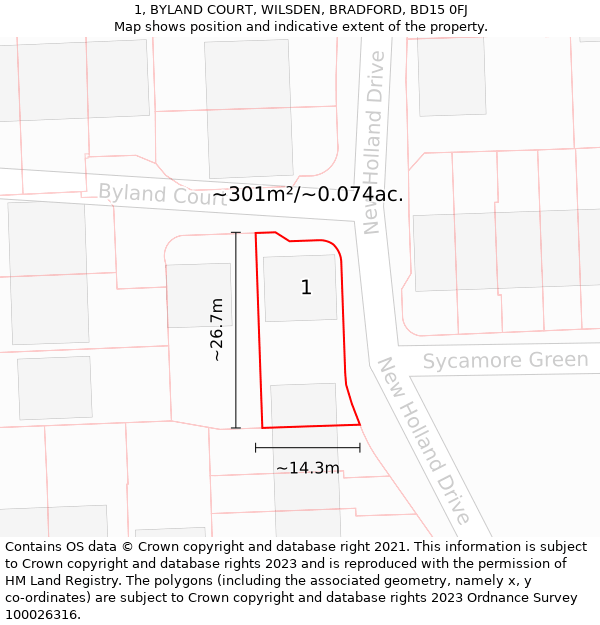 1, BYLAND COURT, WILSDEN, BRADFORD, BD15 0FJ: Plot and title map