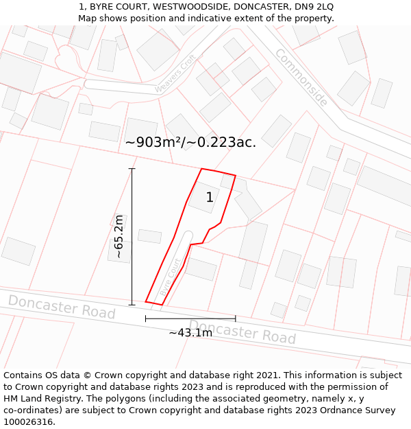 1, BYRE COURT, WESTWOODSIDE, DONCASTER, DN9 2LQ: Plot and title map